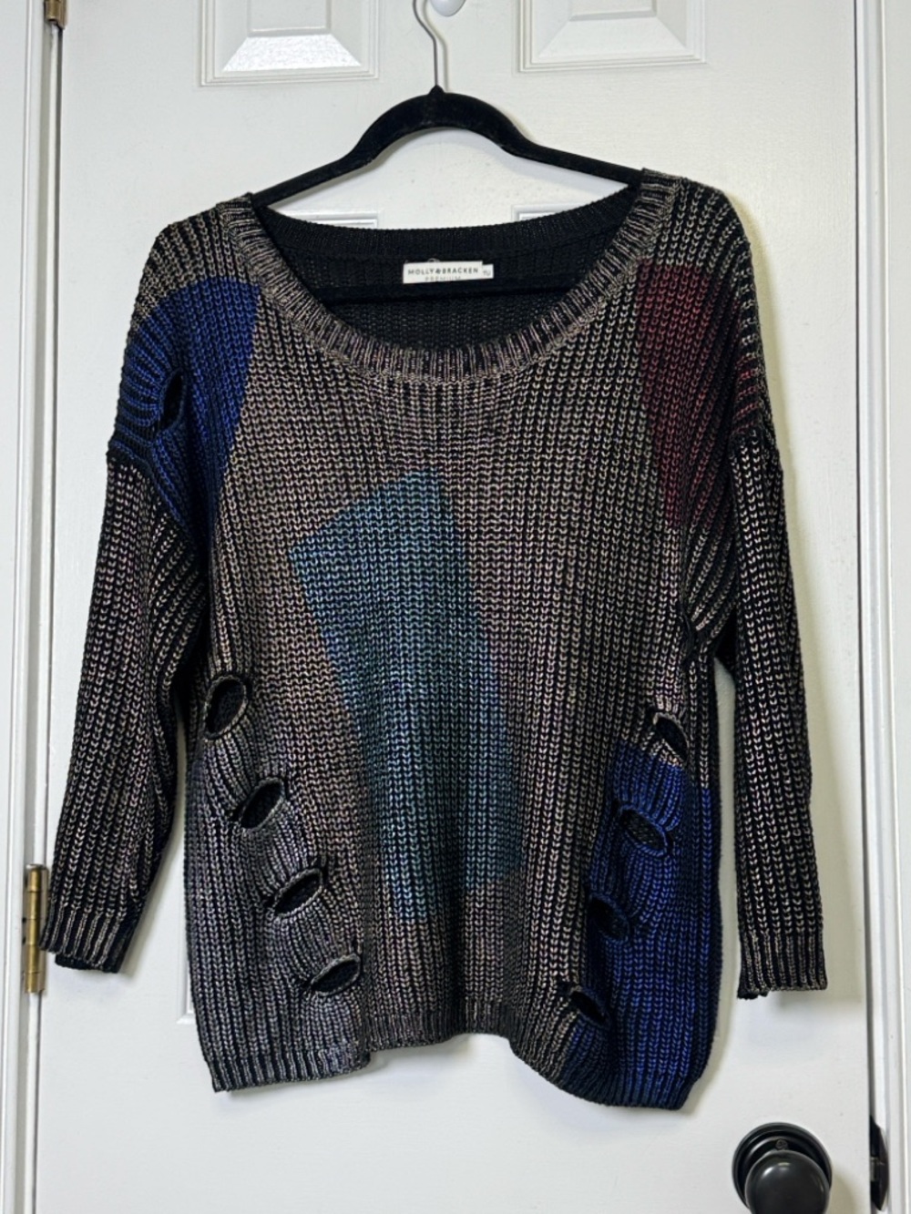 Free People Style Distressed Metallic Sweater Slouchy Boho Knit Molly Bracken
